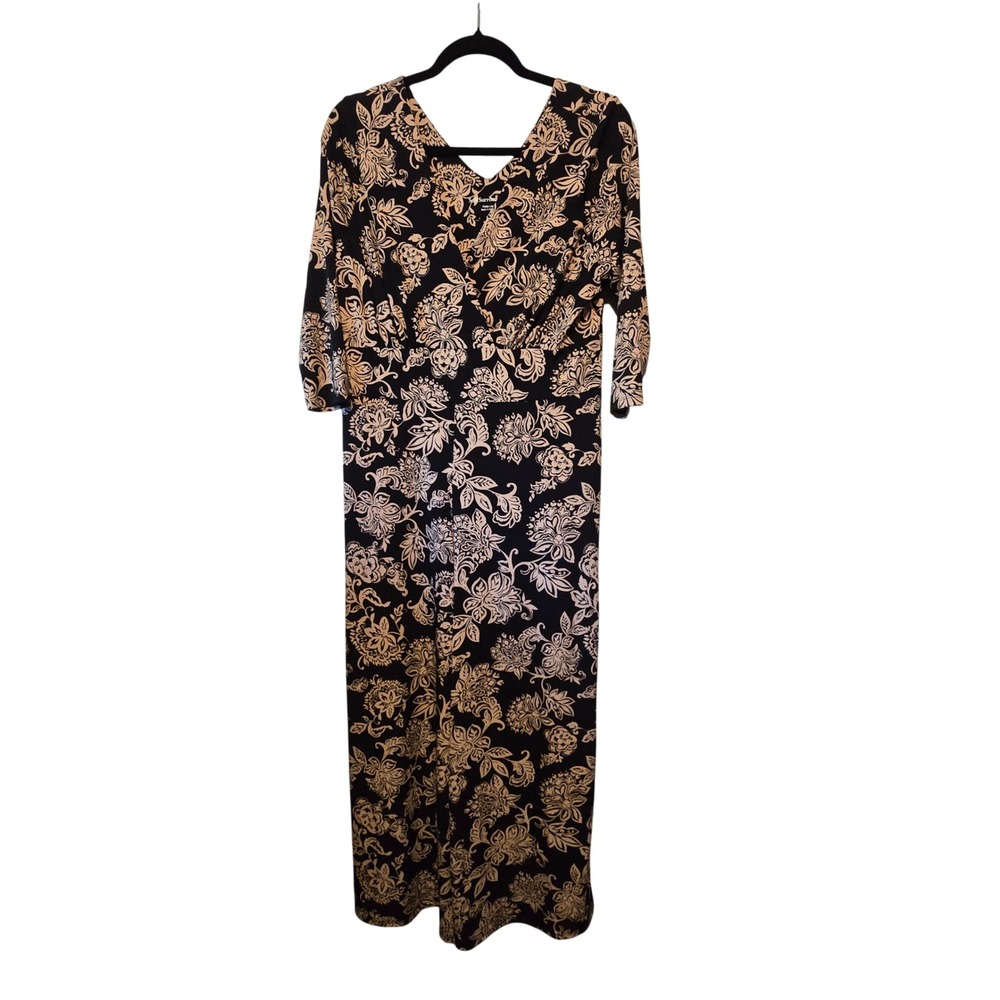 Soft Surroundings Penelope Jumpsuit Womens L Petite Black Tan Floral Wide Leg